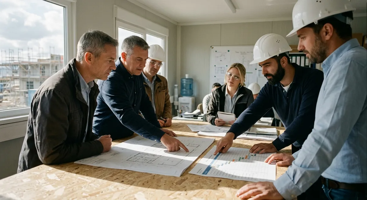 Réunion de chantier autour d’un planning